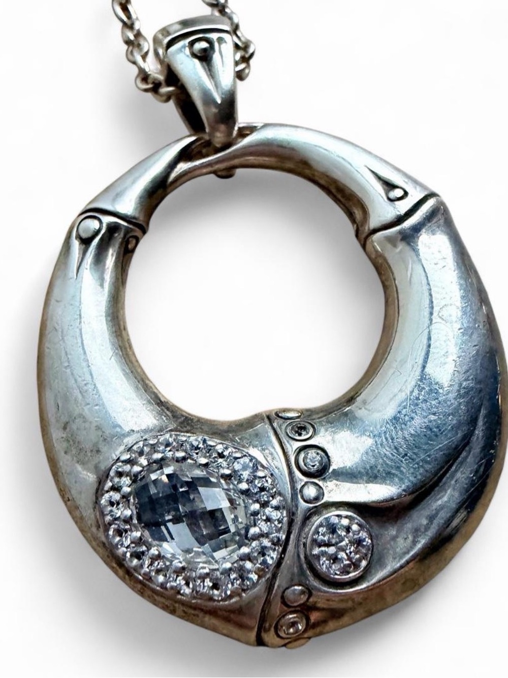 John Hardy Bamboo Sterling Silver Necklace White Topaz Pendant Signed 925